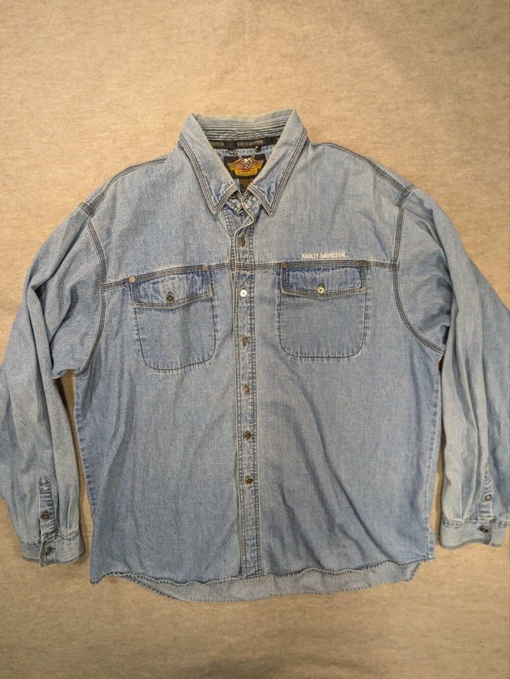 Harley Davidson Light Blue Denim Button Down Shirt Bleach Dye Logo Relaxed XXL